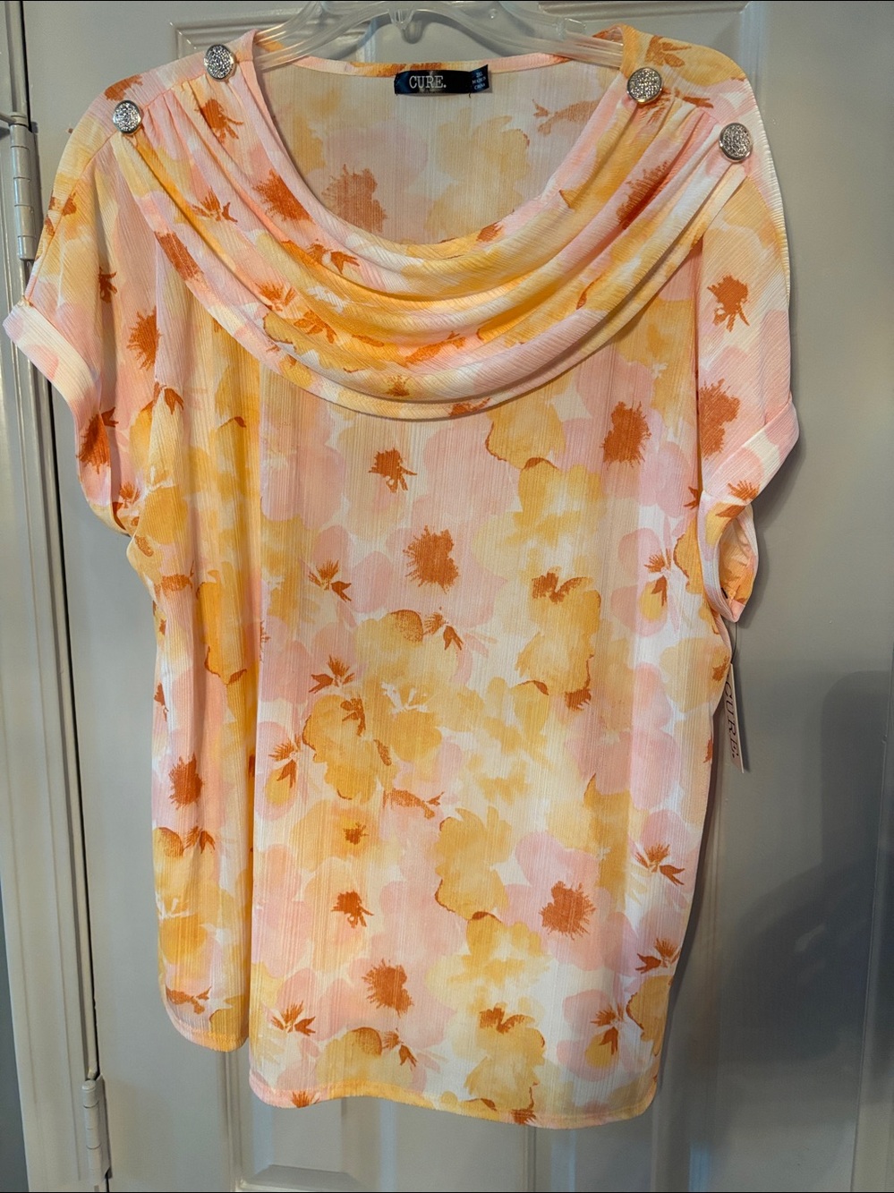 Cure Floral Draped-Neck Short Sleeve Top in Peach Pink & Yellow NWT